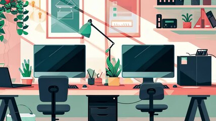Poster - Modern workspace in vibrant colors featuring multiple computers, plants, and desk accessories in a bright, inviting atmosphere