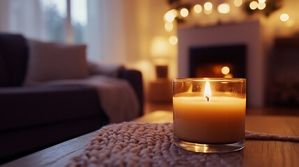 Aufkleber - Cozy living room with fireplace and couch with focus on burning aromatherapy candle