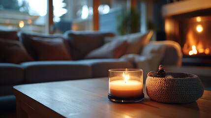 Aufkleber - Cozy living room with fireplace and couch with focus on burning aromatherapy candle