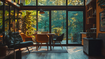 Aufkleber - Cozy studio interior with relax and dining place, panoramic window