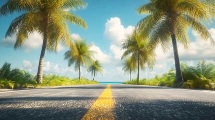 Poster - Creative design of tropical roads for travel and tourism with palm trees