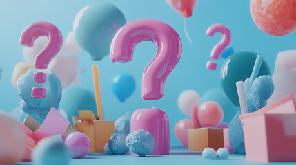 Poster - Creative question marks on blue backdrop with mock up place, ask, solution and faq concept, 3d rendering