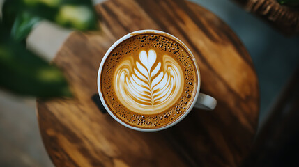Poster - Cup of coffee on wooden table, top view with copy space