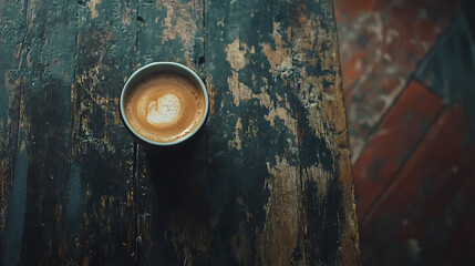 Poster - Cup of coffee on wooden table, top view with copy space