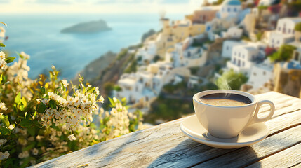 Aufkleber - Cup of coffee or tea on the background of greek landscape, based on