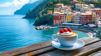 Aufkleber - Cup of coffee with dessert on background of picturesque alpine landscape, based on