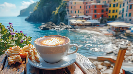 Poster - Cup of coffee with dessert on background of picturesque alpine landscape, based on