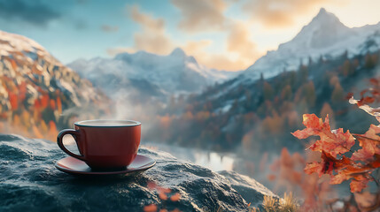 Poster - Cup of hot coffee or tea on background of picturesque mountain view, based on