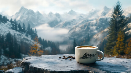 Aufkleber - Cup of hot coffee or tea on background of picturesque mountain view, based on
