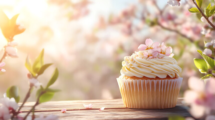Aufkleber - Cupcake on the wooden table, spring background with blooming flowers