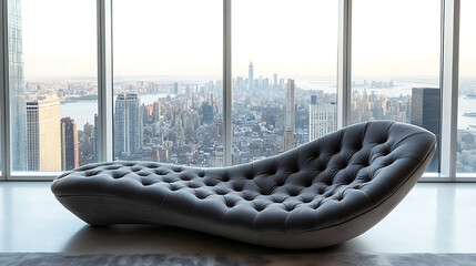 Aufkleber - Curved tufted grey sofa and lounge chair against big panoramic window with city view, minimalist home interior design of modern living room