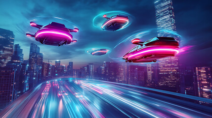 Fototapete - Cyberpunk cityscape with neon lights and flying cars in retro wave style