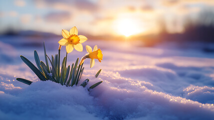 Poster - Daffodils emerge through snow at sunrise, symbolizing imbolc