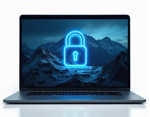 Leinwandbilder - Laptop display with neon glowing padlock. Mountain background, cybersecurity tech concept. Illustrates data protection, digital security, privacy, online safety, access authorization.