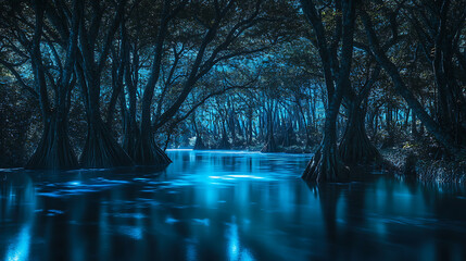 Aufkleber - Dark night forest with a magical blue glow through the trunks of dark trees, river with shimmering water
