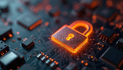 Leinwandbilder - Illustration features digital lock symbol overlaid on circuit board. Advanced cryptography tech concept. Security, data protection, information safety. Secure online connection. Digital privacy, data
