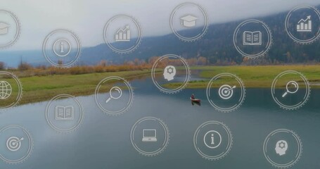 Poster - Animation of education and technology icons overlaying serene lake landscape