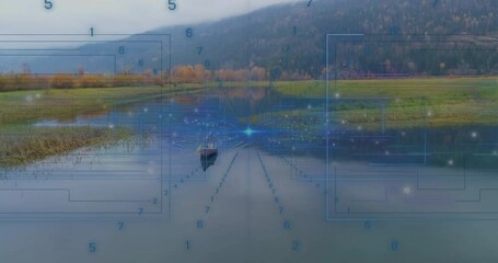 Poster - Boat on calm lake with digital data processing animation over scenic landscape