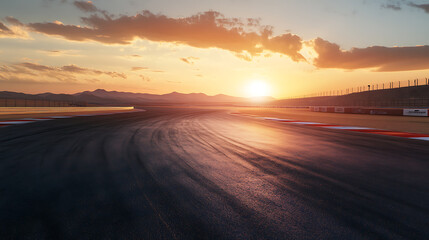 Fototapete - Deserted formula 1 race track at dawn with visible tire tracks, desert race track concept, formula 1