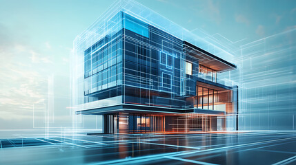 Aufkleber - Design concept of a smart building, engineering of smart building's autonomous control system, communication design of an apartment house, architectural drawing, blueprint of its facade