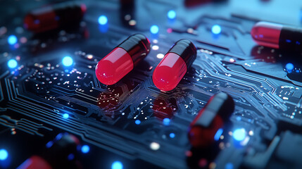 Fototapete - Digital pills on a circuit board symbolizing ai in medicine and drug development