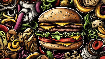 Poster - Doodle background with fat hamburger and other fast food items