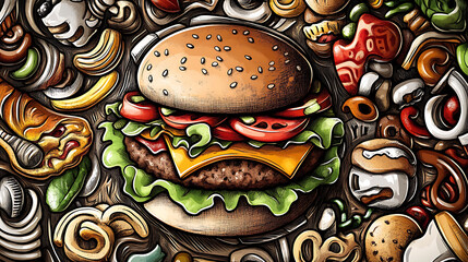Poster - Doodle background with fat hamburger and other fast food items