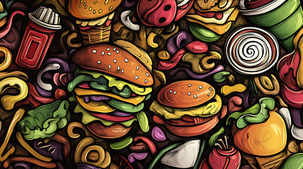 Poster - Doodle fast food cartoon doodling background in different colors
