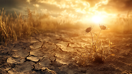 Fototapete - Dried plant and cracked earth on a field under the scorching sun