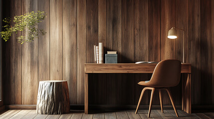 Aufkleber - Dressing table and stump chair, interior design of modern bedroom with wooden paneling