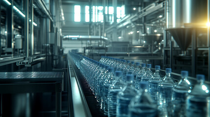 Poster - Drinking water production plant, bottles on a factory conveyor with an automatic line for packaging drinking water in plastic containers