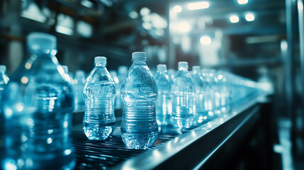 Aufkleber - Drinking water production plant, bottles on a factory conveyor with an automatic line for packaging drinking water in plastic containers