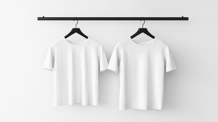 Aufkleber - Two blank white t-shirts hanging on black hangers against a white wall.