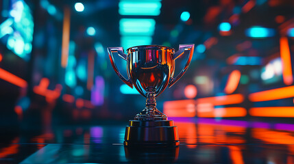Poster - E-sports winner trophy at studio illuminated by neon lights with blurred background