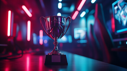 Leinwandbilder - E-sports trophy at studio illuminated by neon lights with blurred background
