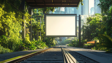 Aufkleber - Eco-friendly tram stop with a blank billboard in a lush, green urban setting, clean energy transport concept