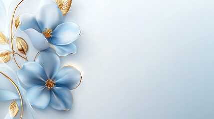 Poster - Elegant blue flowers with golden leaf on light background