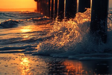 Wall Mural - sunset on the beach in huntington beach orange county california long tall pier at sunset small wave