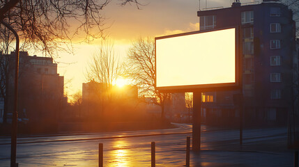 Aufkleber - Empty billboard on a city street corner at sunset, urban advertising and communication