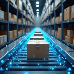 Poster - Cardboard delivery boxes move along conveyor belt in fulfillment warehouse. Automated logistics, online shopping, fast delivery tech concept. Warehouse shelves with boxes. Blue digital elements.