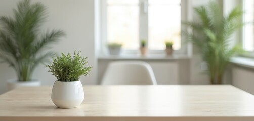 Poster - Blurred office interior with natural light. Empty table, white chair near window with potted plants. Neutral workspace, clean background for business projects. Modern home interior, minimalist