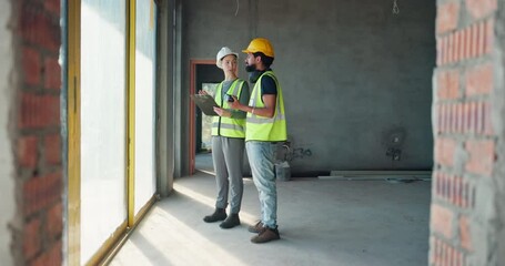 Poster - Architect, people and discussion with clipboard for construction, site inspection and architecture design. Staff, document or blueprint checklist, review maintenance and safety compliance and project