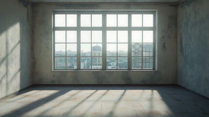 Aufkleber - Empty room with big window and city view