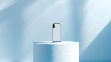 Aufkleber - Empty white mobile phone on pedestal and blue background with mock up place, product placement, technology presentation concept, 3d rendering