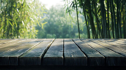 Poster - Empty wooden desk with bamboo grove on background
