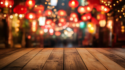 Aufkleber - Empty wooden table, blurred chinese festival background