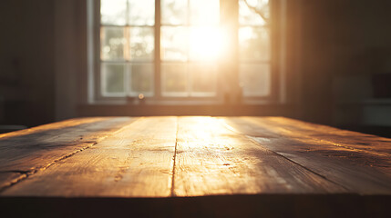 Poster - Empty wooden table near the opened window with the sun shining though it