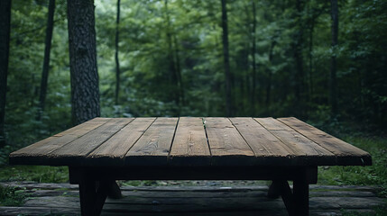 Leinwandbilder - Empty wooden table in front of green forest background, ready for product display montage