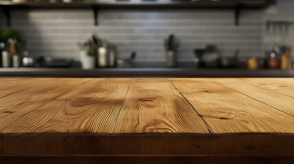 Poster - Empty wooden table in professional restaurant kitchen background