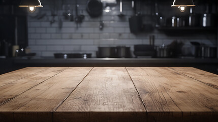 Poster - Empty wooden table in professional restaurant kitchen background